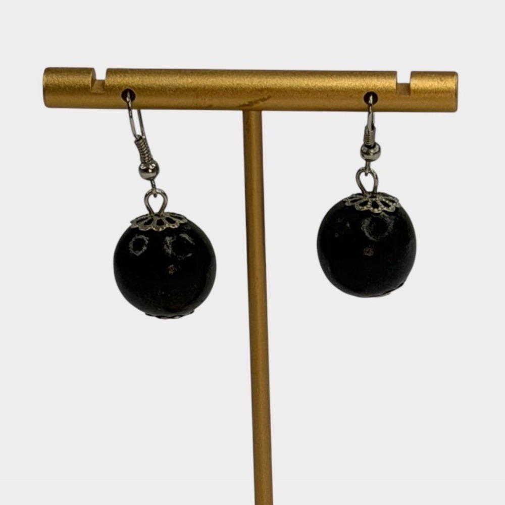 Vintage Black Round Orb Drop Earrings Silver Filigree Bead Caps Boho Goth Y2K